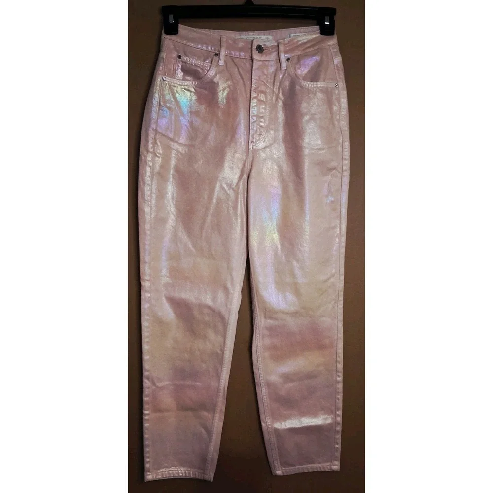 Guess Pink Mom Jeans Womens Size 28 High Waisted Tapered Metallic Rainbow 26x26